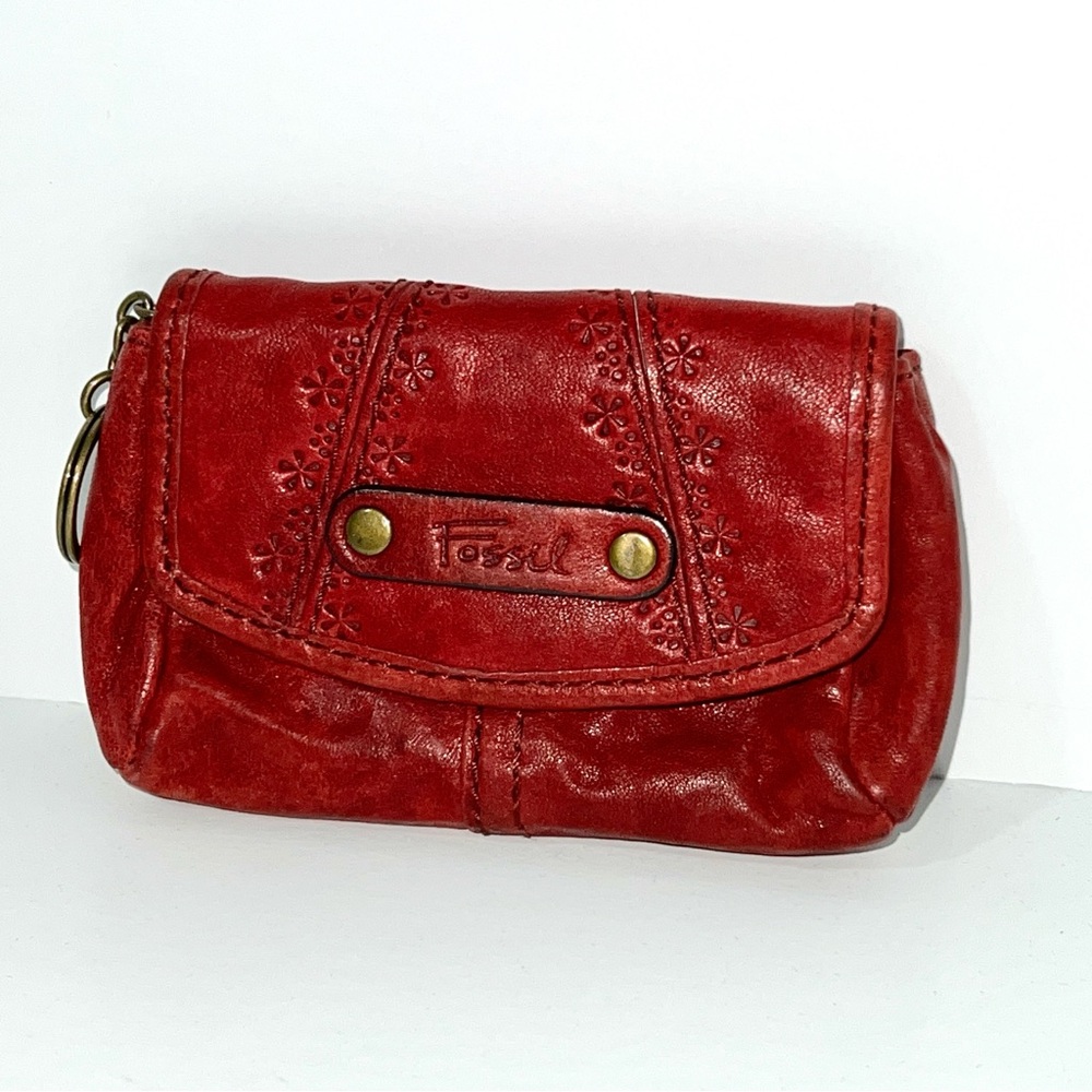 Fossil Red Leather Vintage Embossed Retro Small Wallet